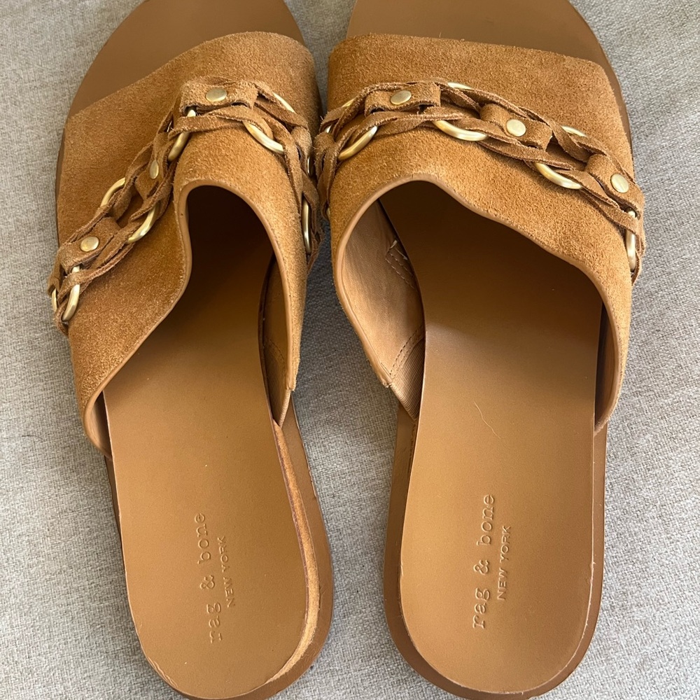 rag & bone tan suede braided-chain slide sandals